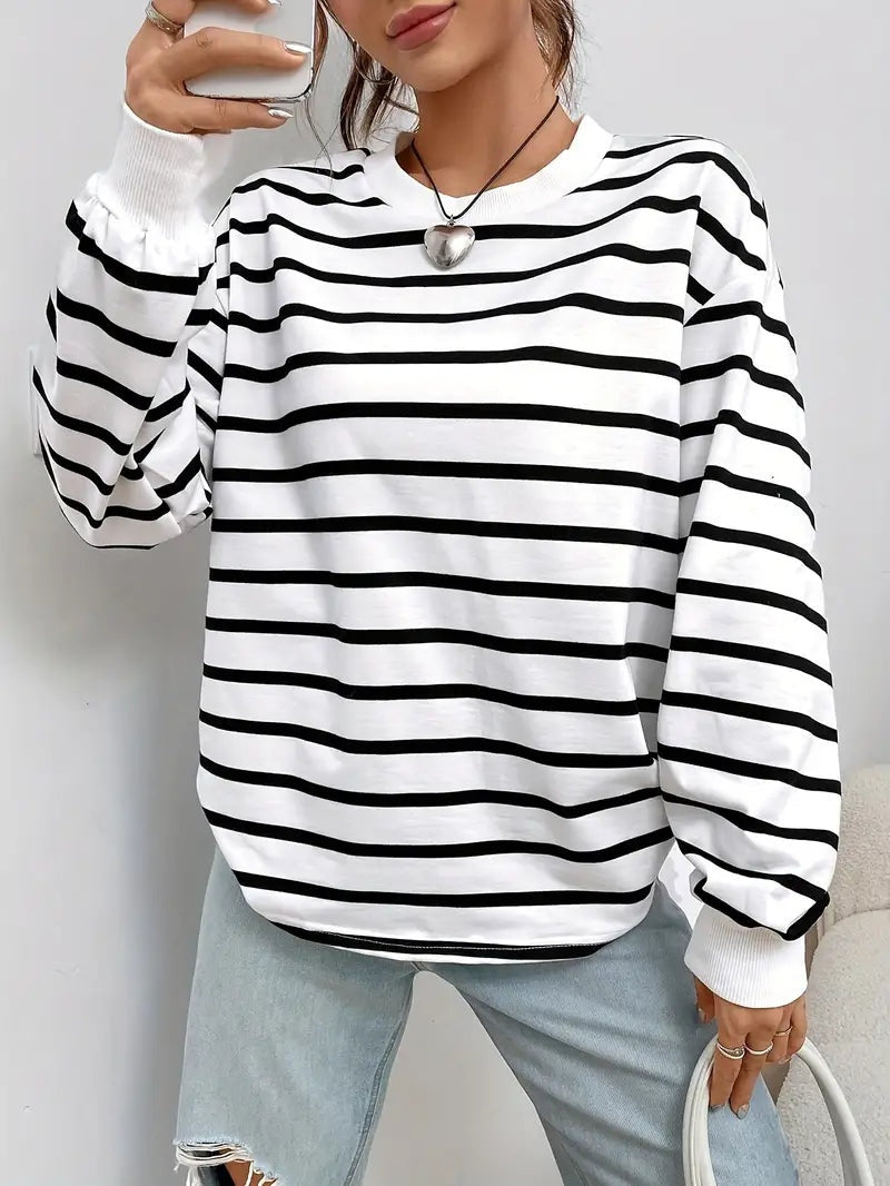 Women’s Oversized Striped Crew Neck Sweatshirt