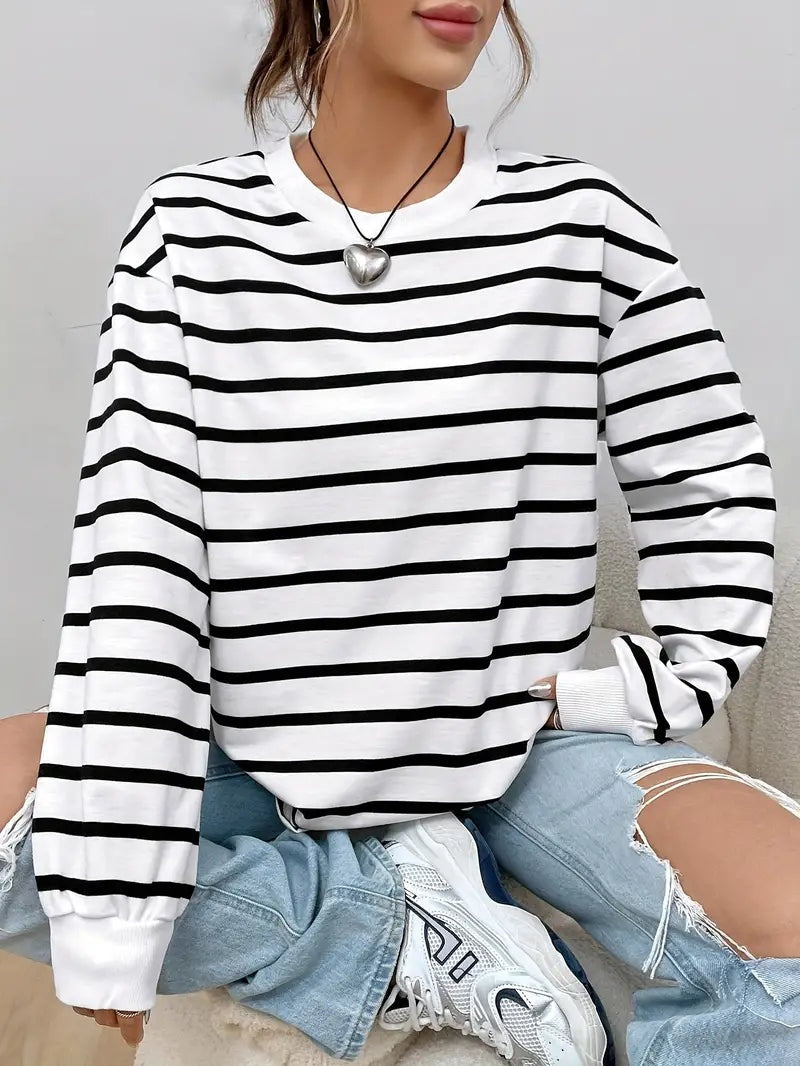 Women’s Oversized Striped Crew Neck Sweatshirt