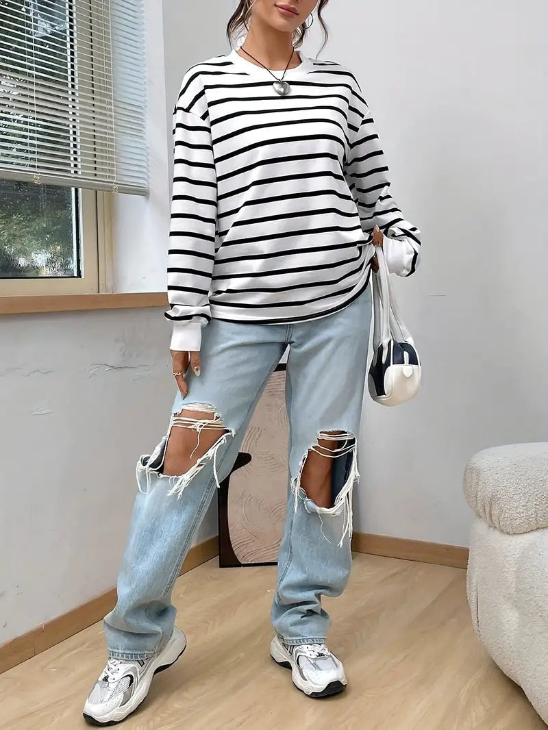 Women’s Oversized Striped Crew Neck Sweatshirt