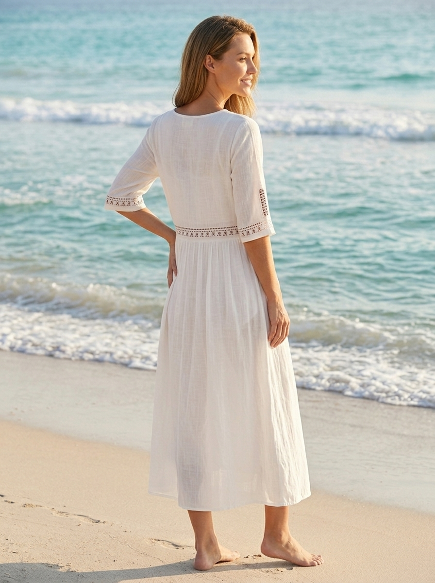 Women's Cotton Summer Midi Dress 3/4 Sleeve Beach Holiday Dress
