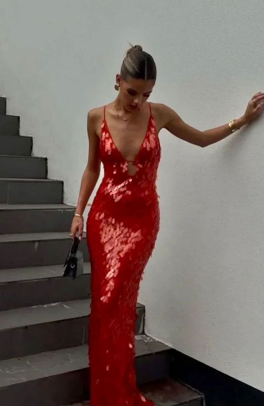 Women's Sequin Maxi Dress | Deep V-Neck Evening Gown
