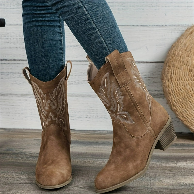 Women’s Western Suede-Look Cowboy Boots with Block Heel