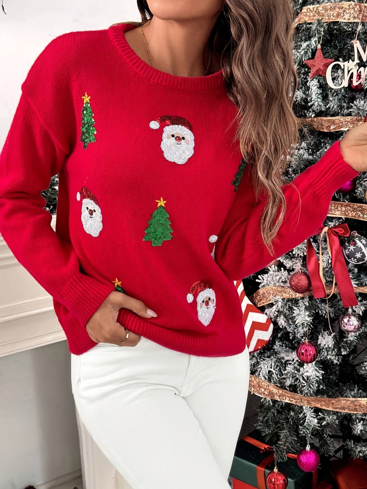 Pull de Noël rouge pour femme avec Père Noël à sequins