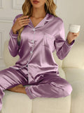Women's Satin Pyjama Set with Long Sleeve Shirt & Trousers for Autumn