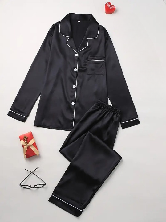 Women's Satin Pyjama Set with Long Sleeve Shirt for Summer