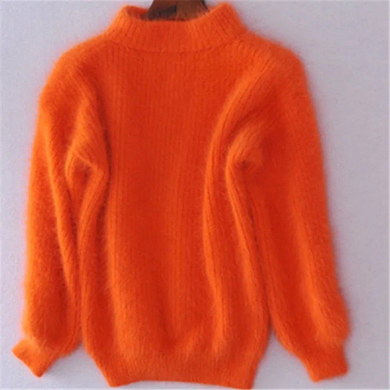 Damski sweter z miękkiej dzianiny ze stójką | Puszysty sweter w stylu vintage