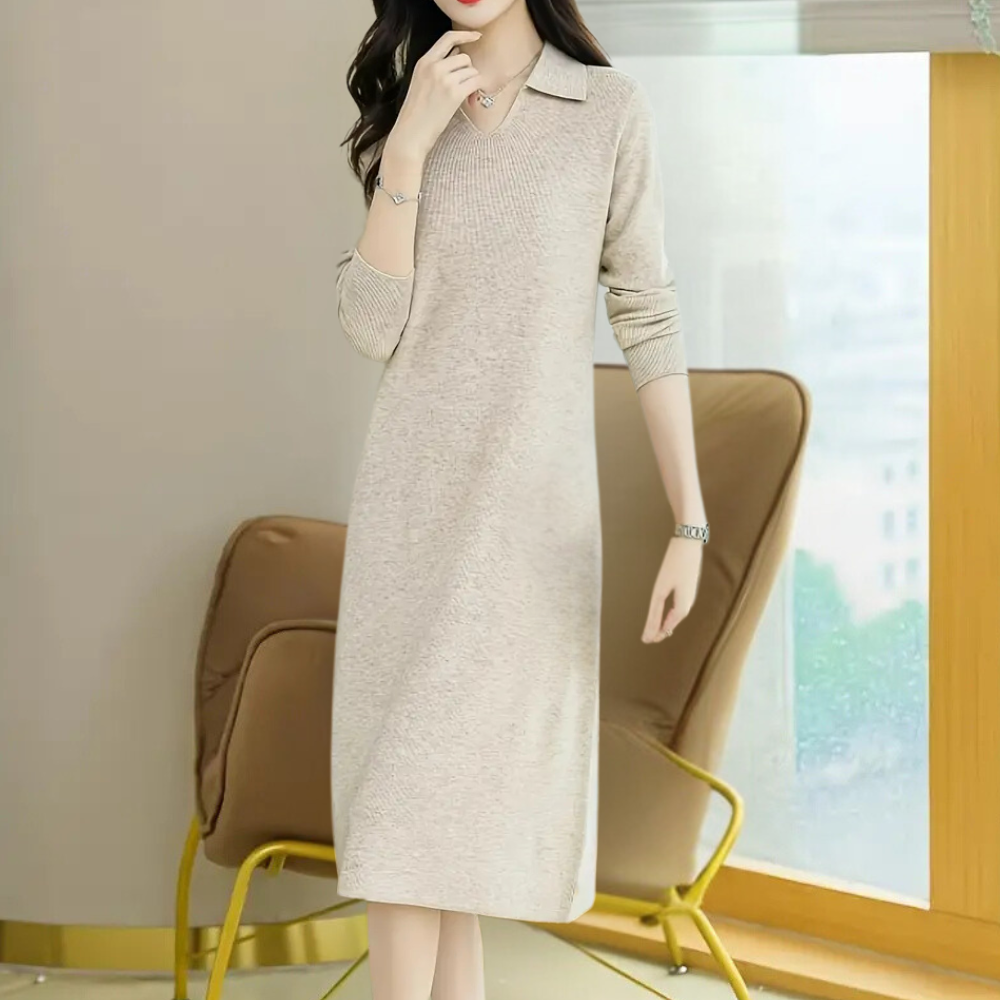 Women’s Collared Knit Midi Dress with Long Sleeves