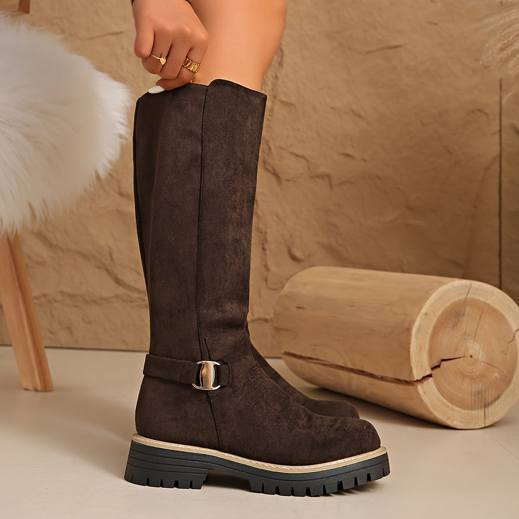 Women’s Knee-High Boots with Chunky Sole and Buckle Detail
