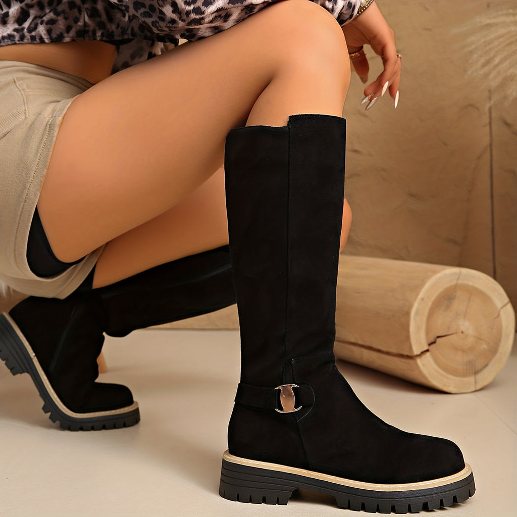 Women’s Knee-High Boots with Chunky Sole and Buckle Detail