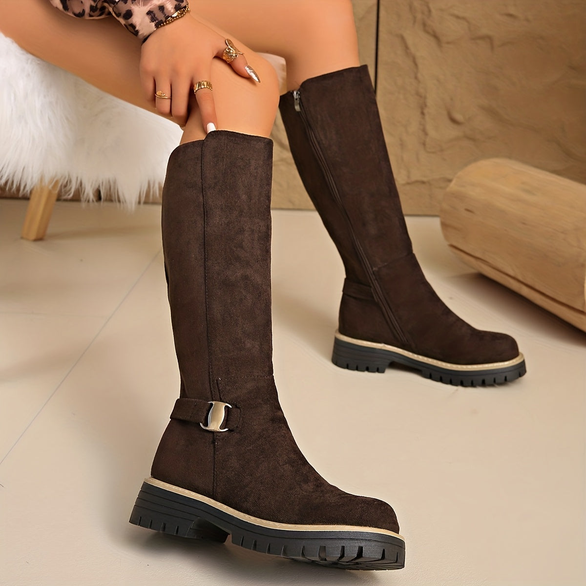 Women’s Knee-High Boots with Chunky Sole and Buckle Detail