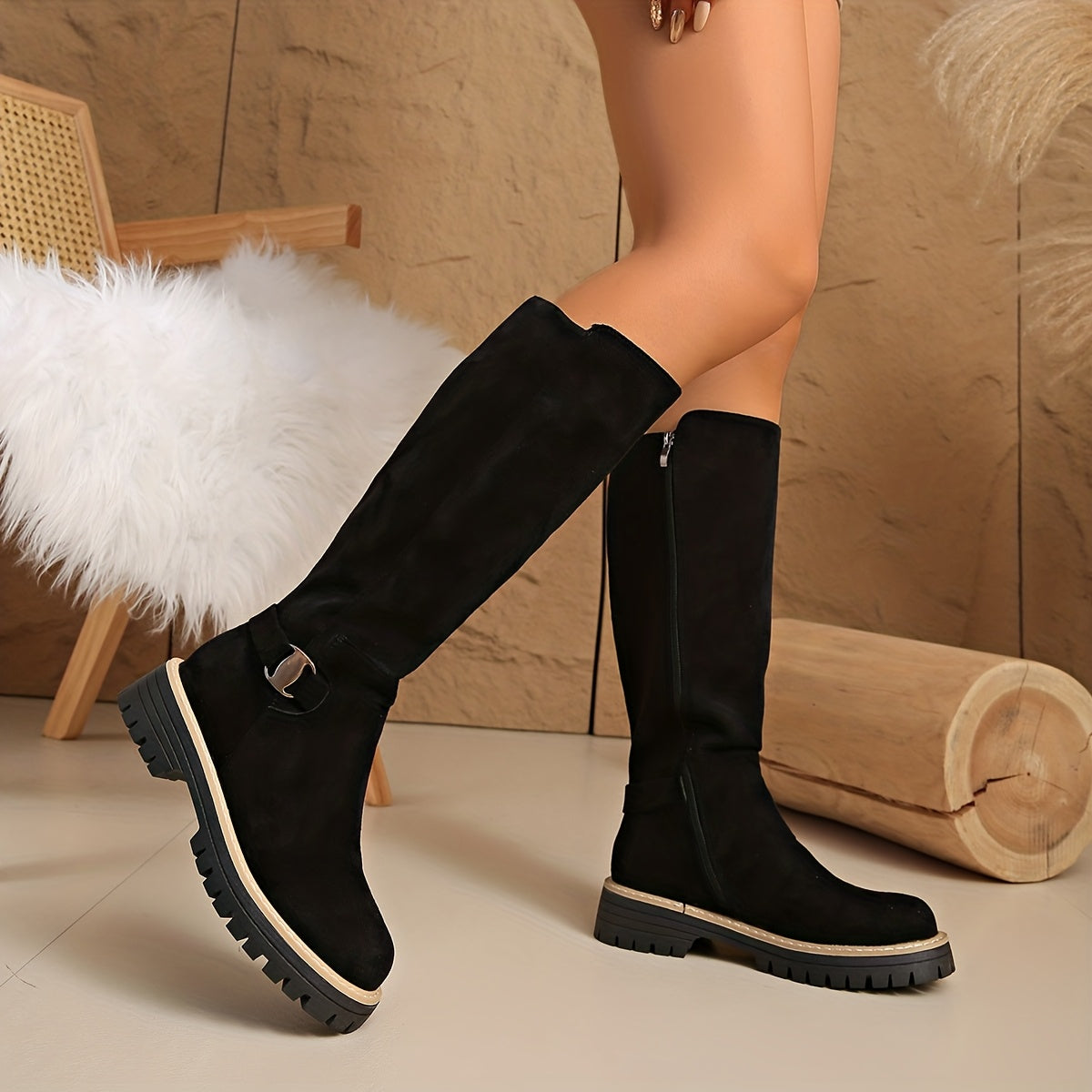 Women’s Knee-High Boots with Chunky Sole and Buckle Detail