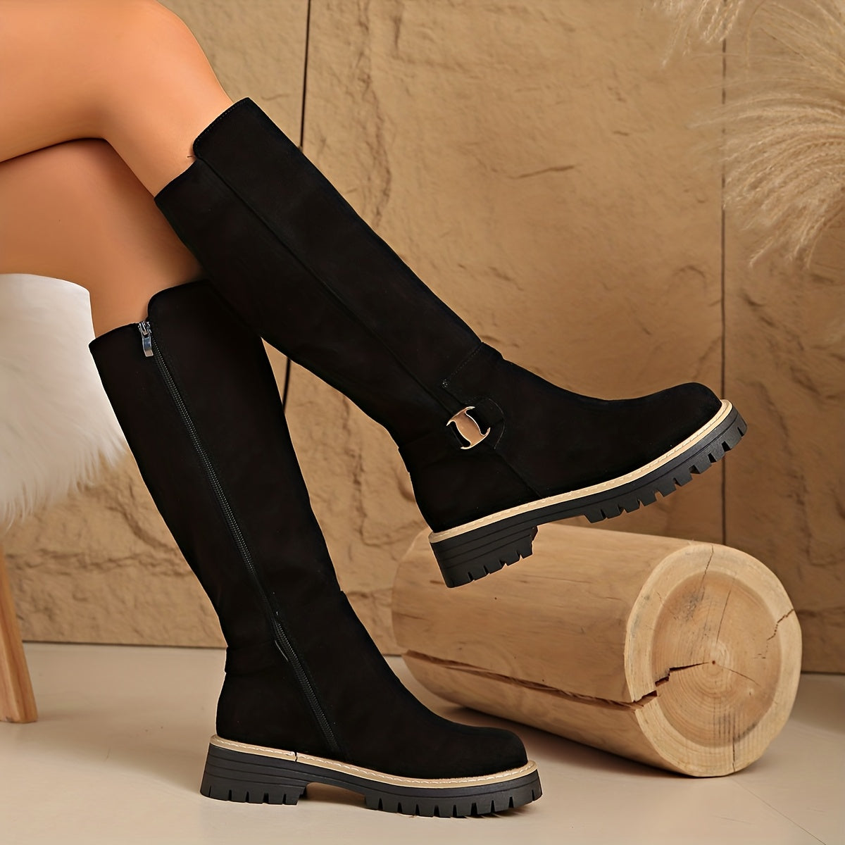 Women’s Knee-High Boots with Chunky Sole and Buckle Detail