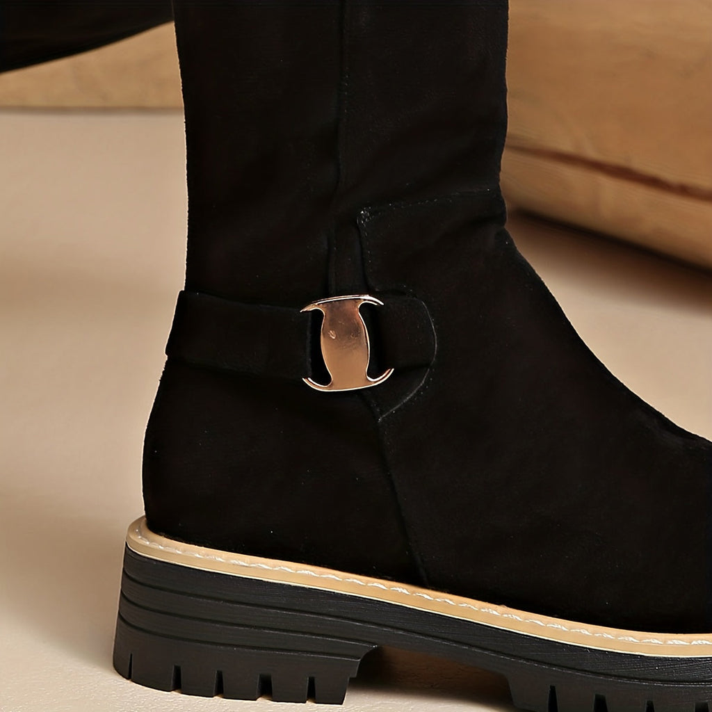 Women’s Knee-High Boots with Chunky Sole and Buckle Detail