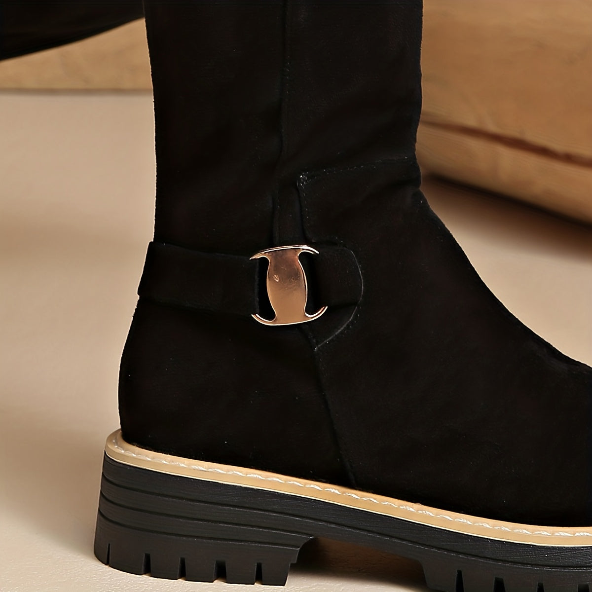 Women’s Knee-High Boots with Chunky Sole and Buckle Detail