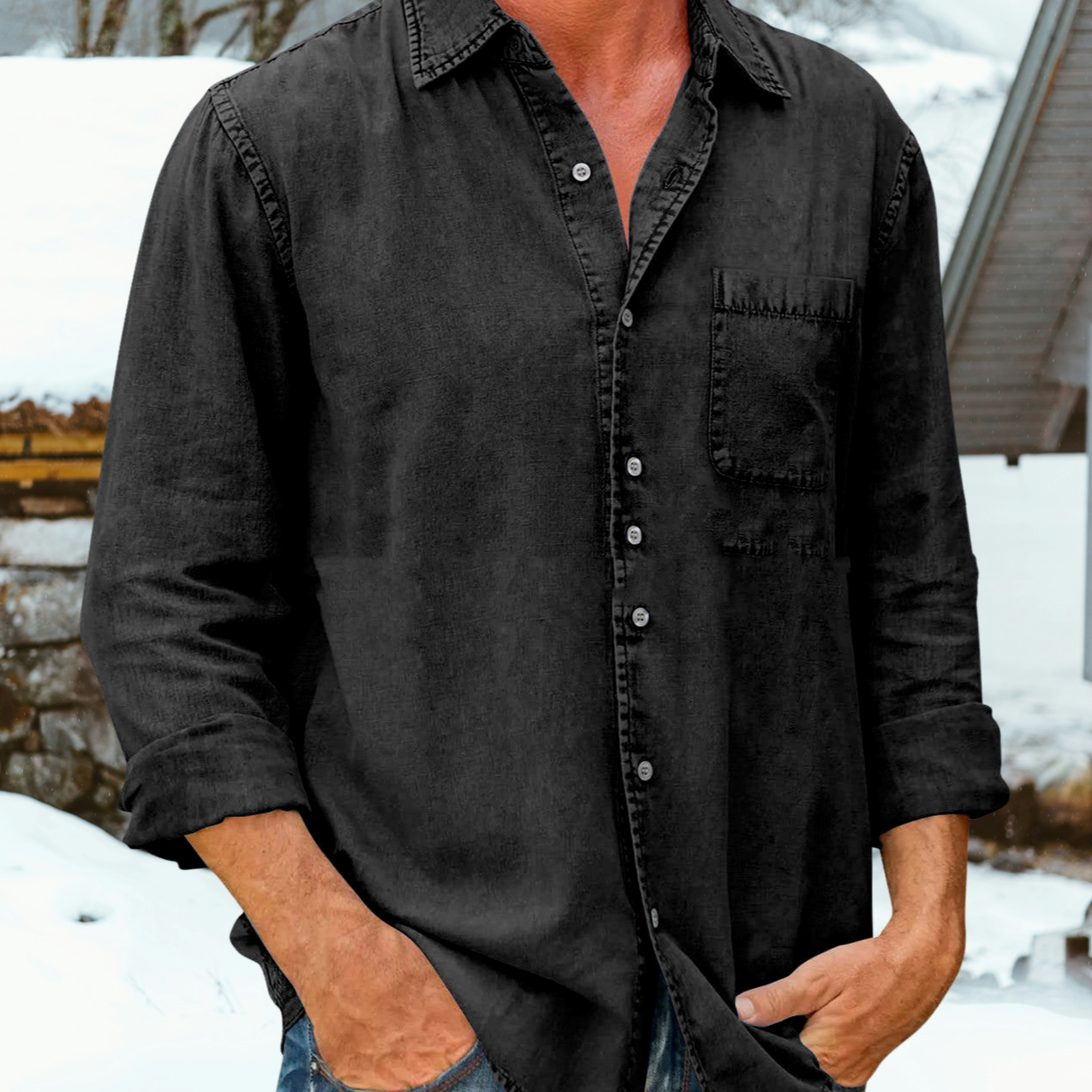 Chemise décontractée en mélange de lin à col classique pour homme