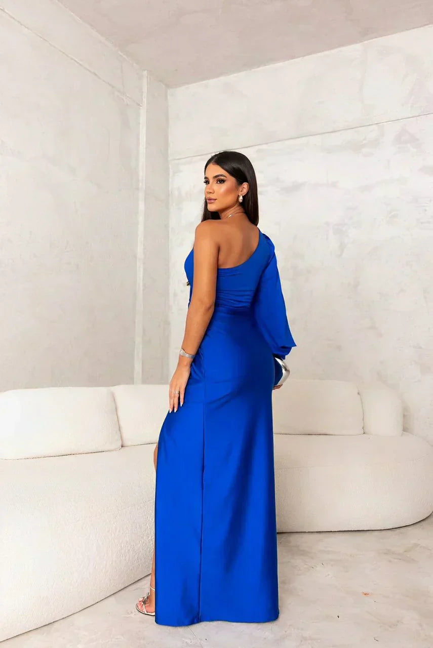 Robe longue pour femme à une épaule, froncée, avec fente sur la cuisse