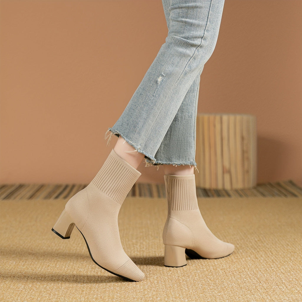 Women’s Knitted Sock Ankle Boots with Block Heel