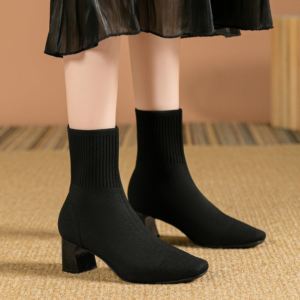 Women’s Knitted Sock Ankle Boots with Block Heel
