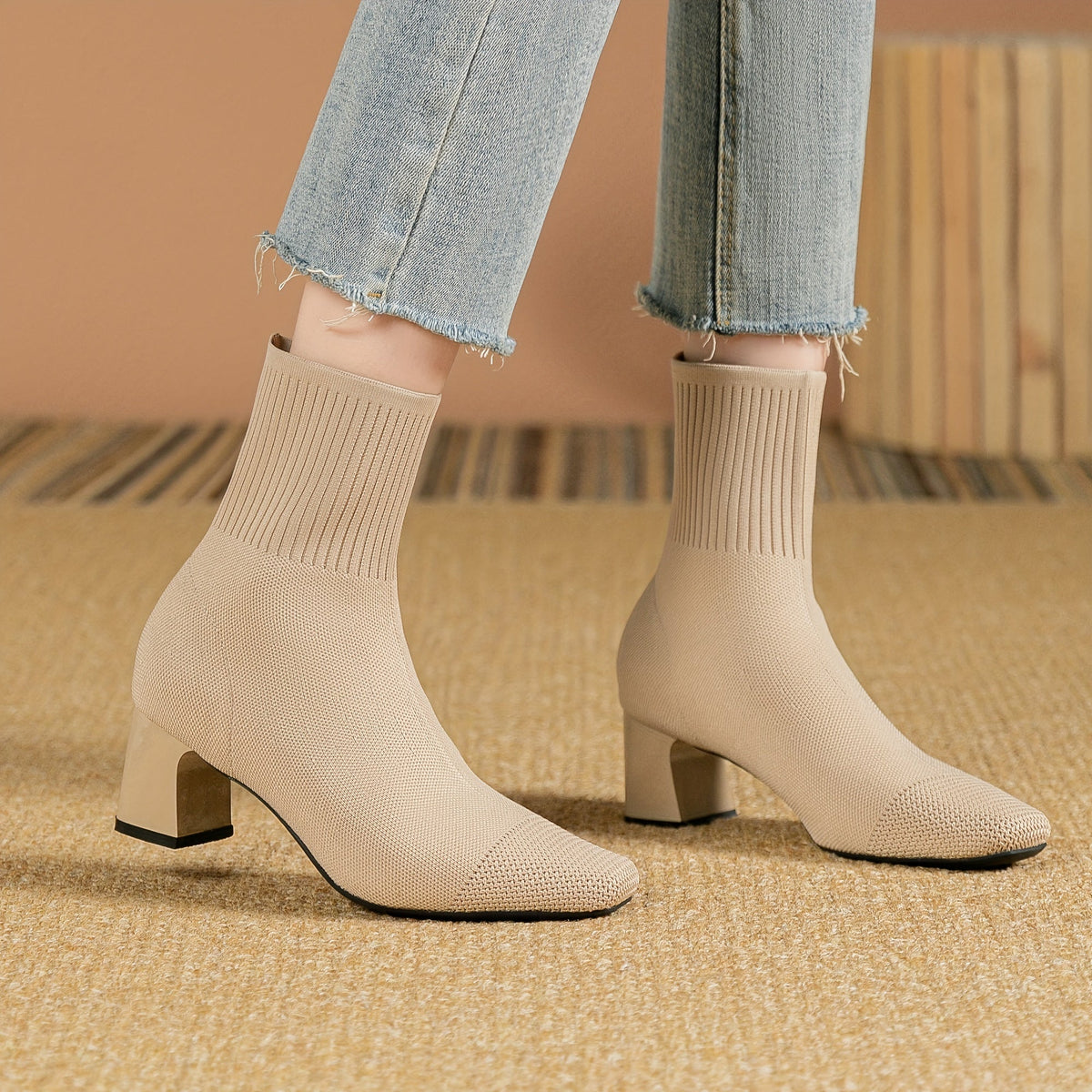 Women’s Knitted Sock Ankle Boots with Block Heel
