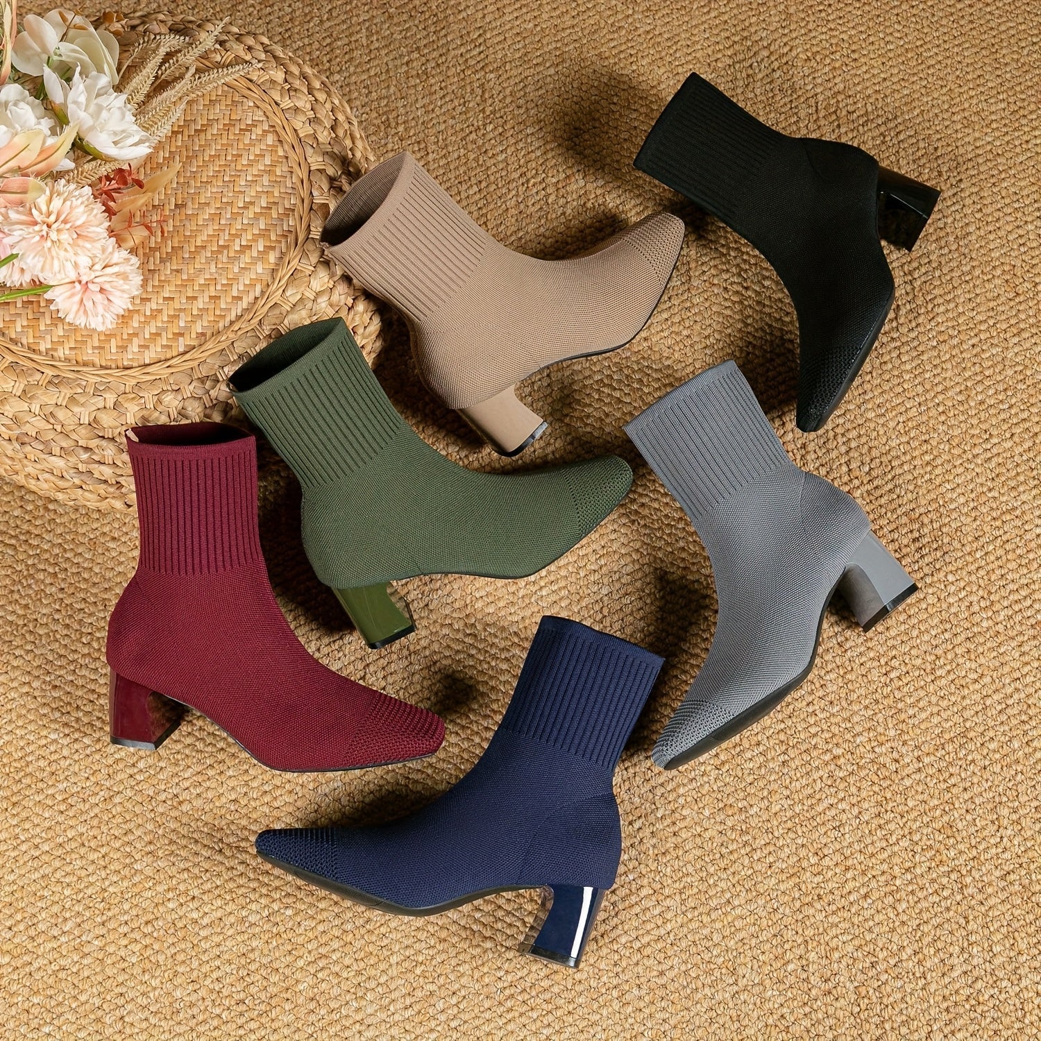 Women’s Knitted Sock Ankle Boots with Block Heel