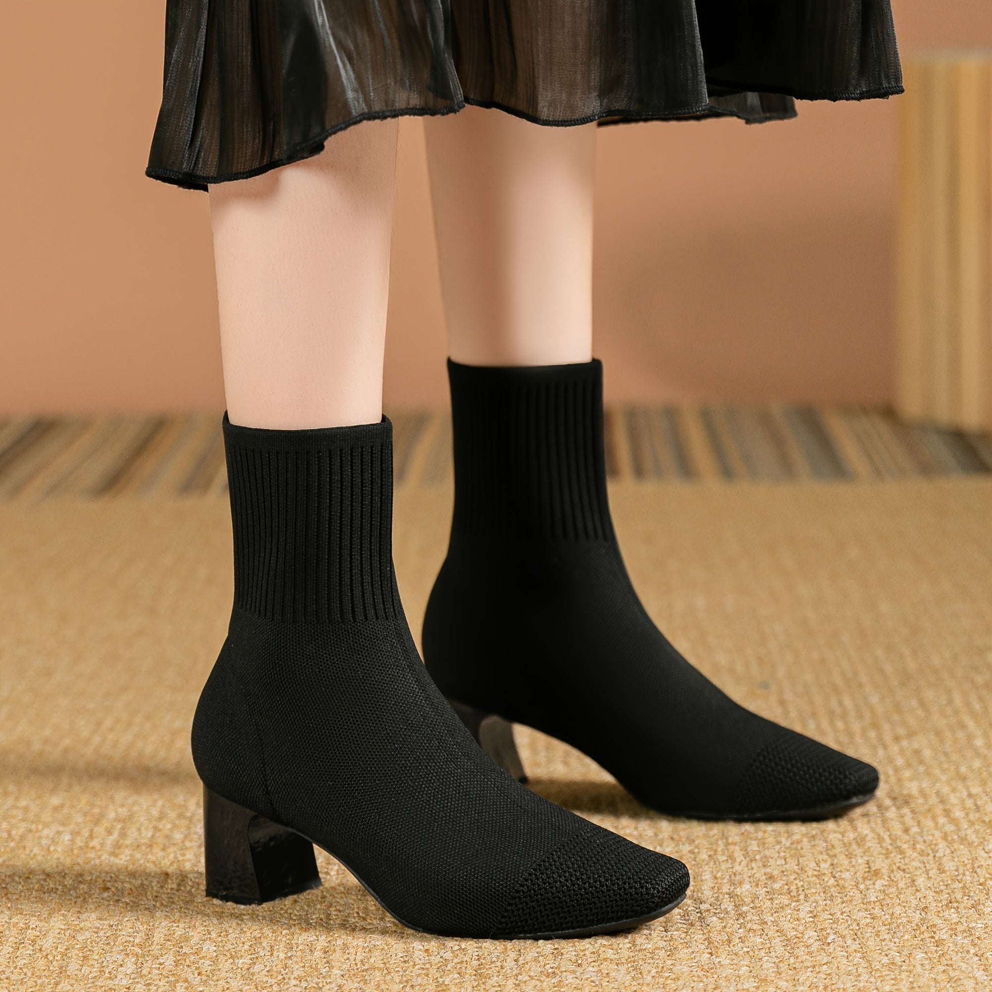 Women’s Knitted Sock Ankle Boots with Block Heel