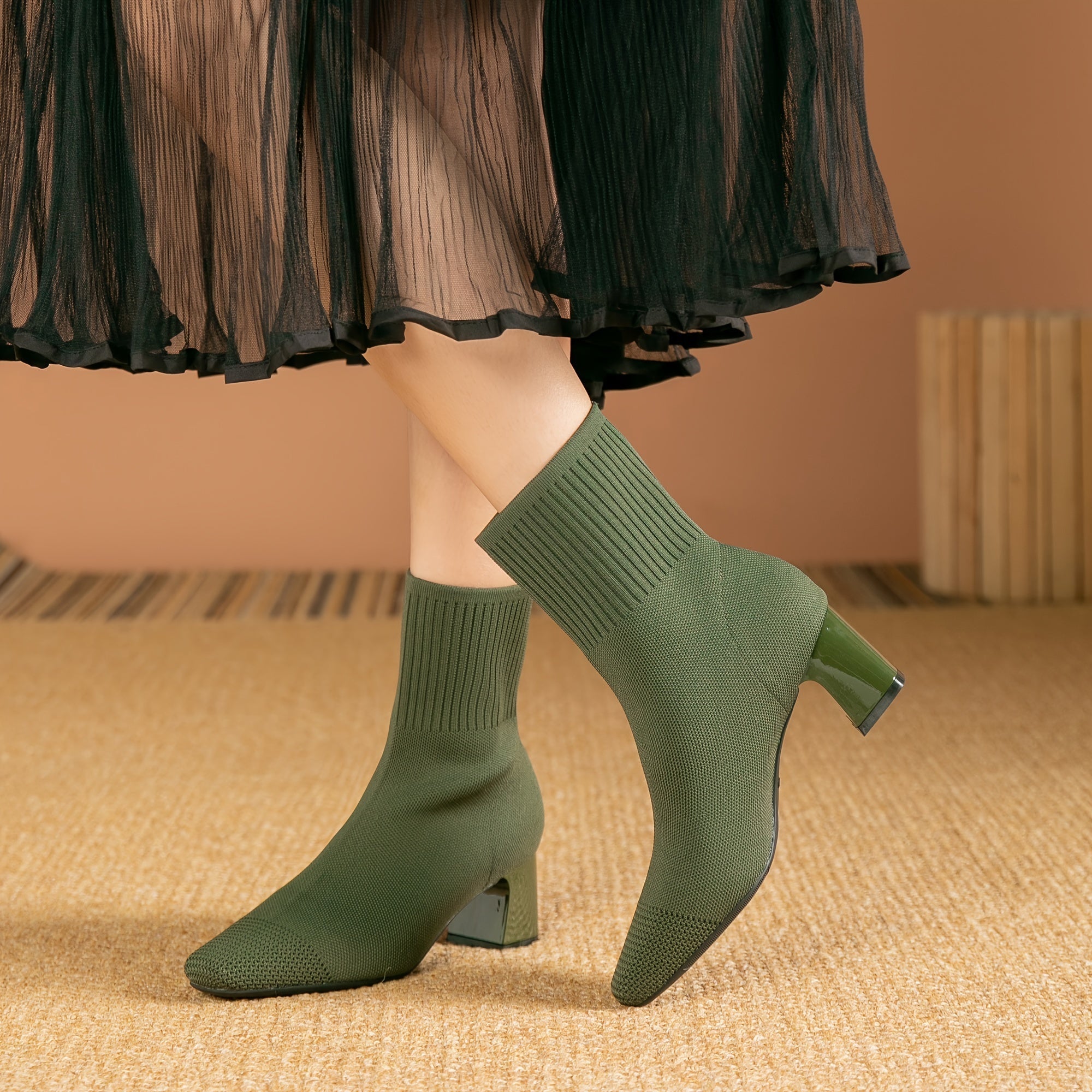 Women’s Knitted Sock Ankle Boots with Block Heel
