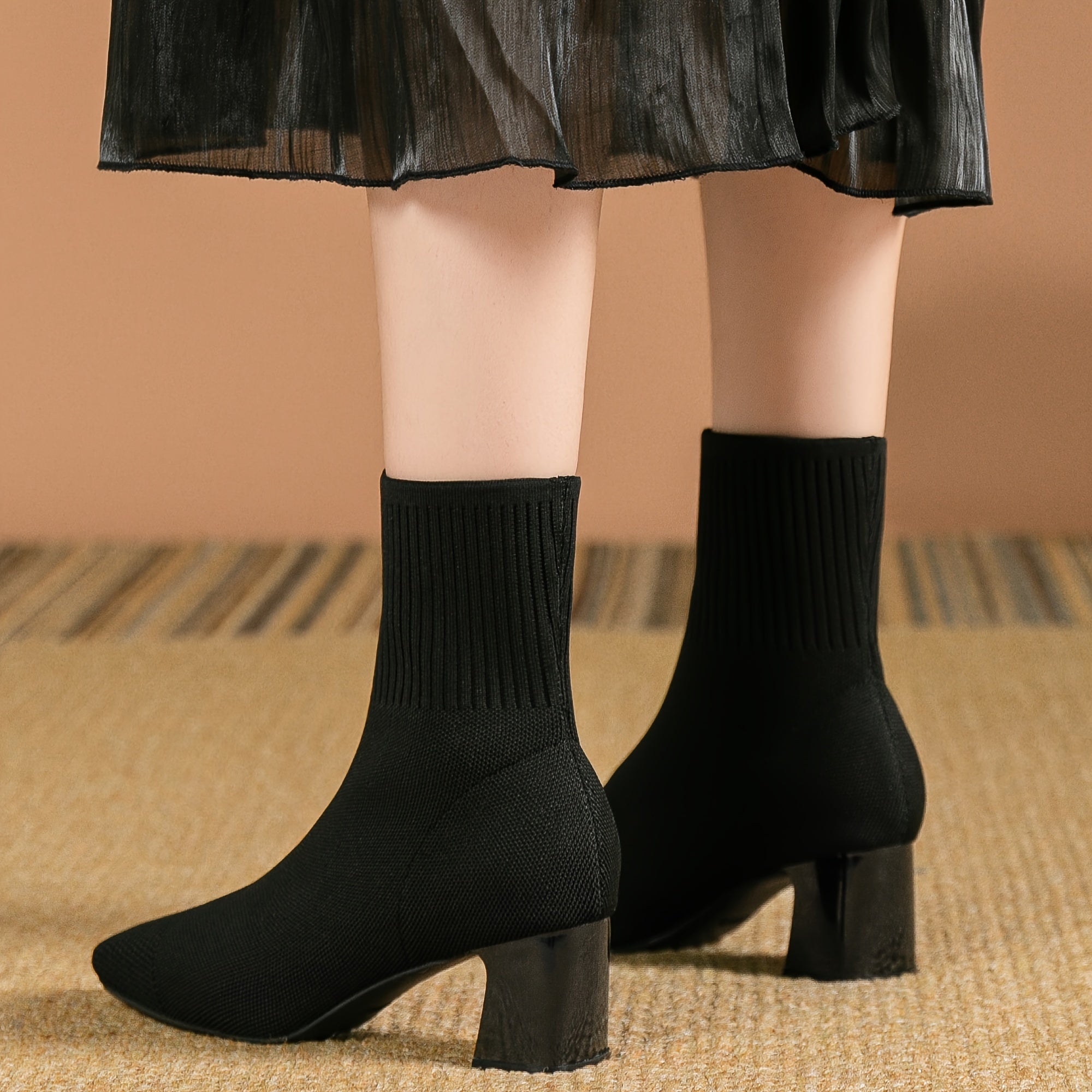 Women’s Knitted Sock Ankle Boots with Block Heel