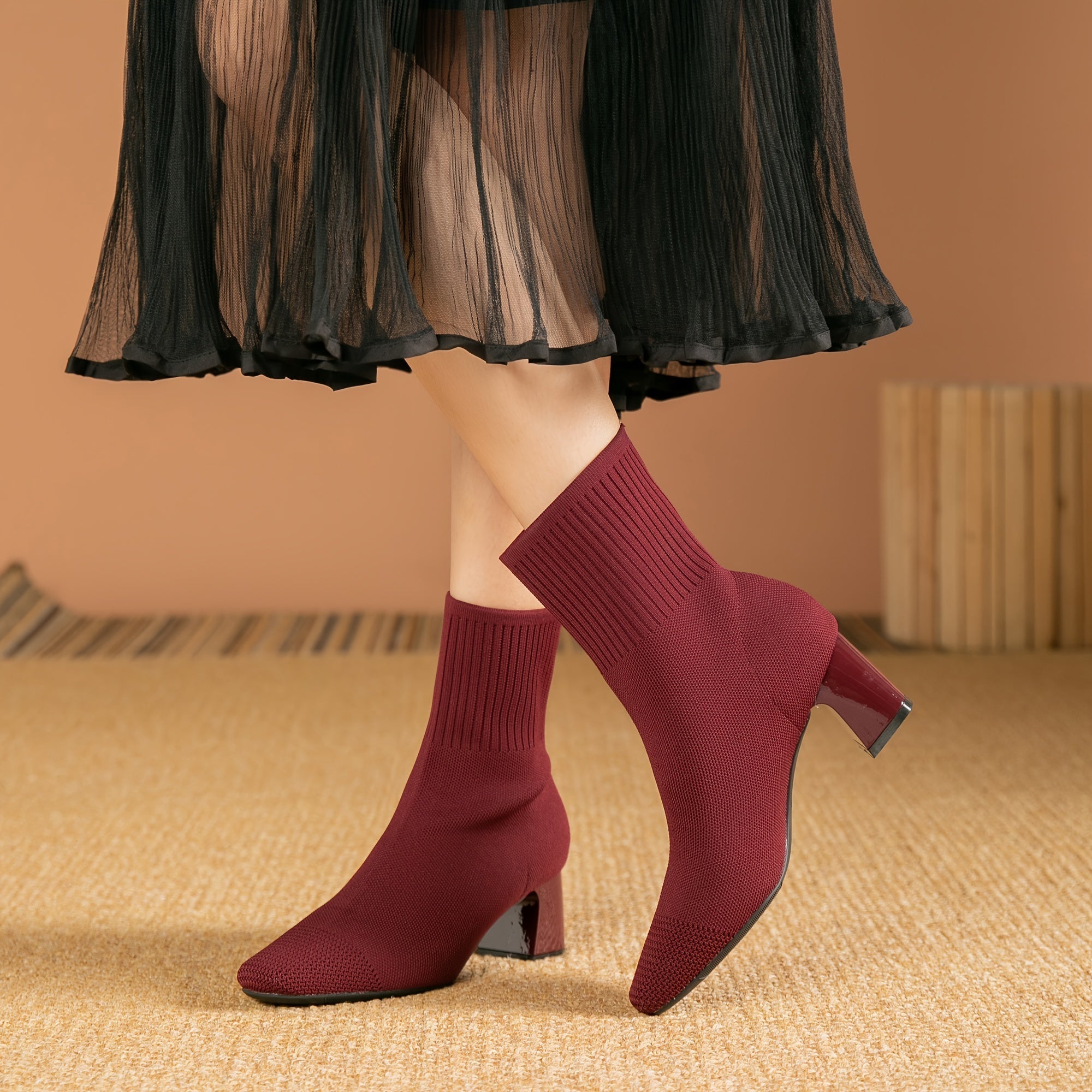 Women’s Knitted Sock Ankle Boots with Block Heel