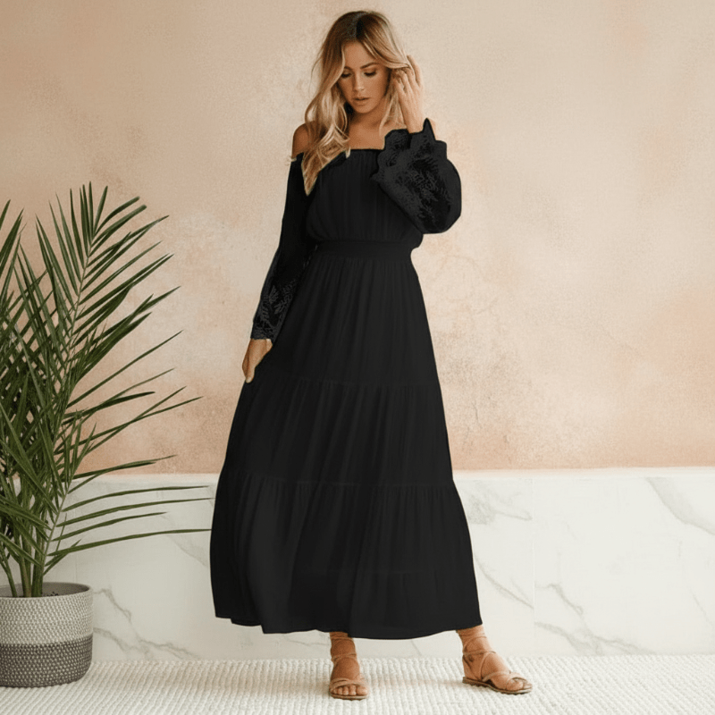 Robe longue pour femme à épaules dénudées et manches en dentelle