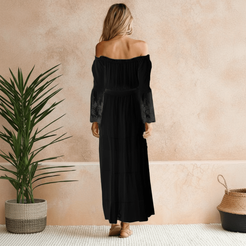 Robe longue pour femme à épaules dénudées et manches en dentelle
