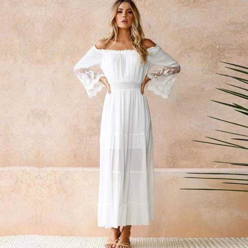 Robe longue pour femme à épaules dénudées et manches en dentelle