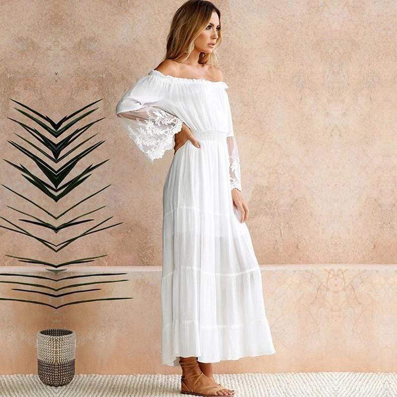 Robe longue pour femme à épaules dénudées et manches en dentelle