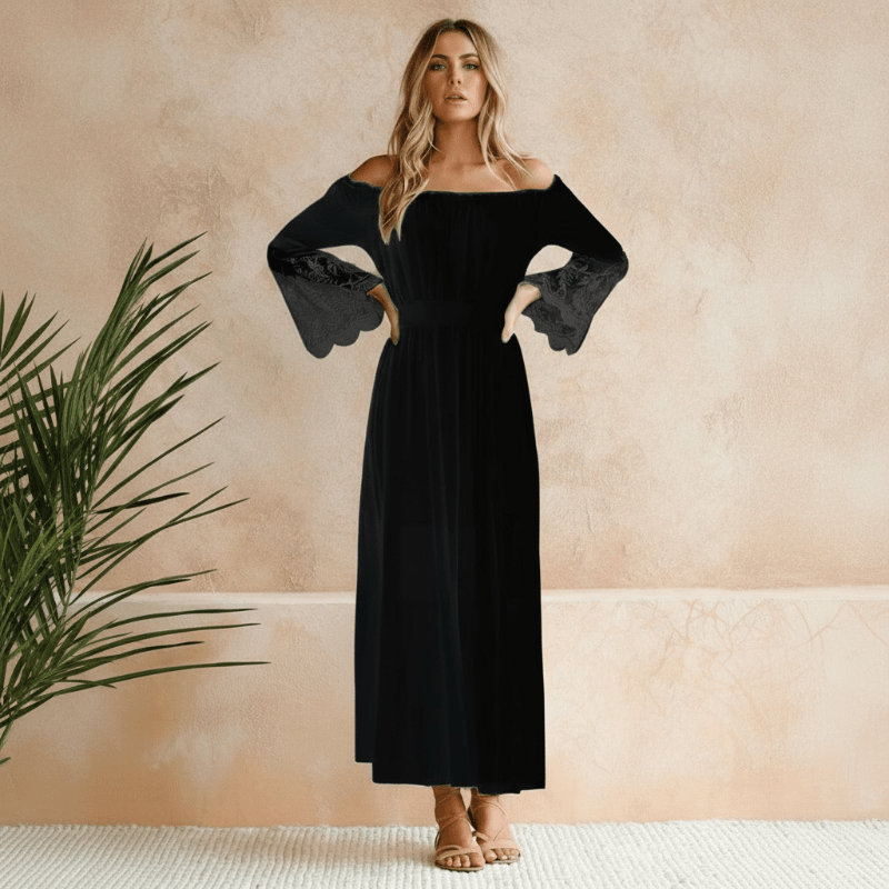Robe longue pour femme à épaules dénudées et manches en dentelle