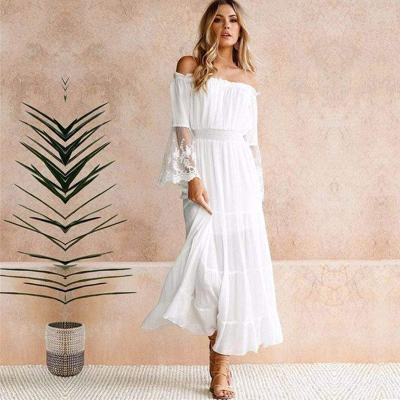 Robe longue pour femme à épaules dénudées et manches en dentelle