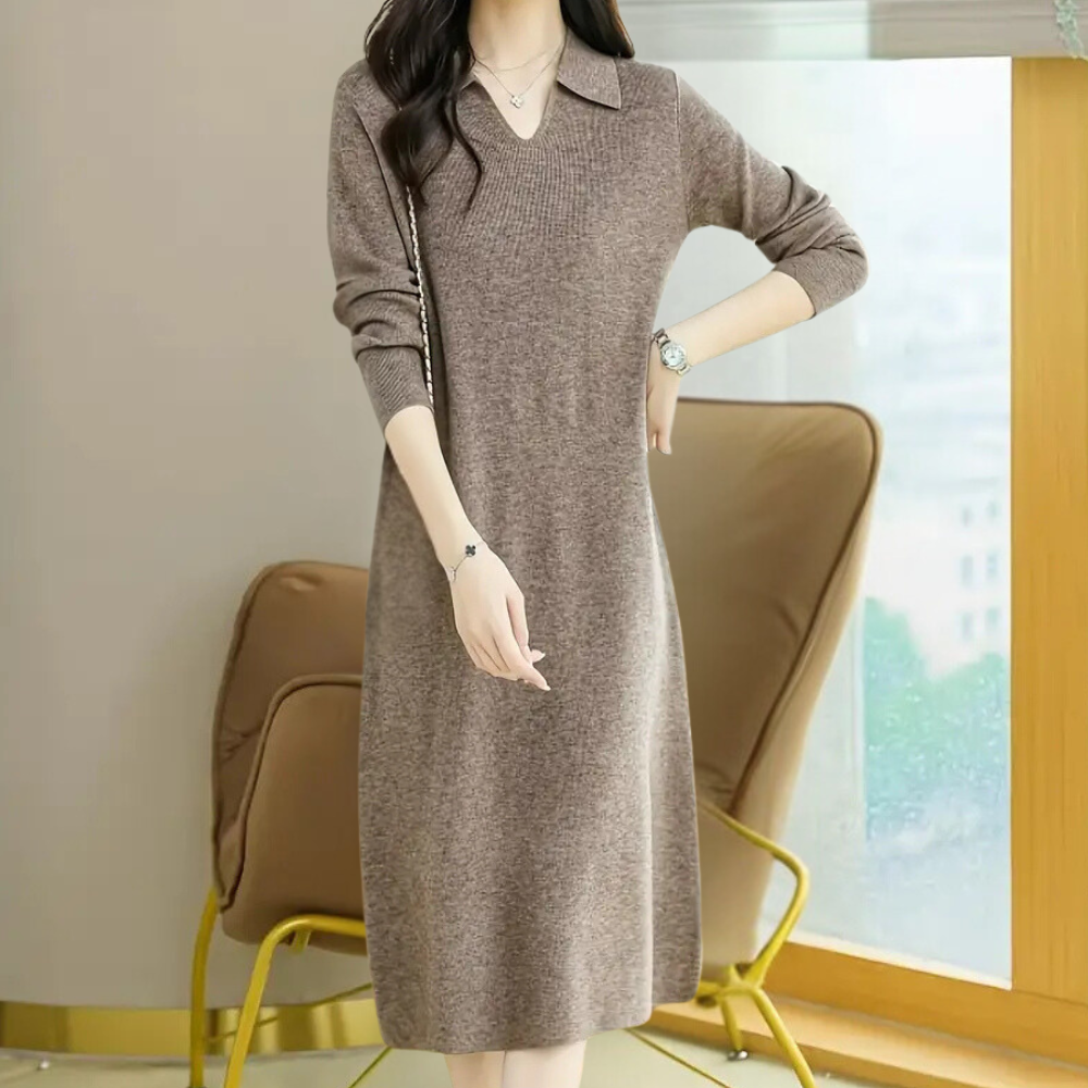 Robe midi en maille à col et manches longues pour femme