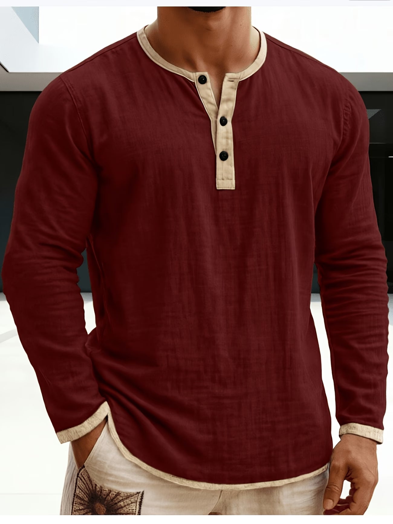 Chemise Henley pour homme à manches longues avec bordures contrastantes