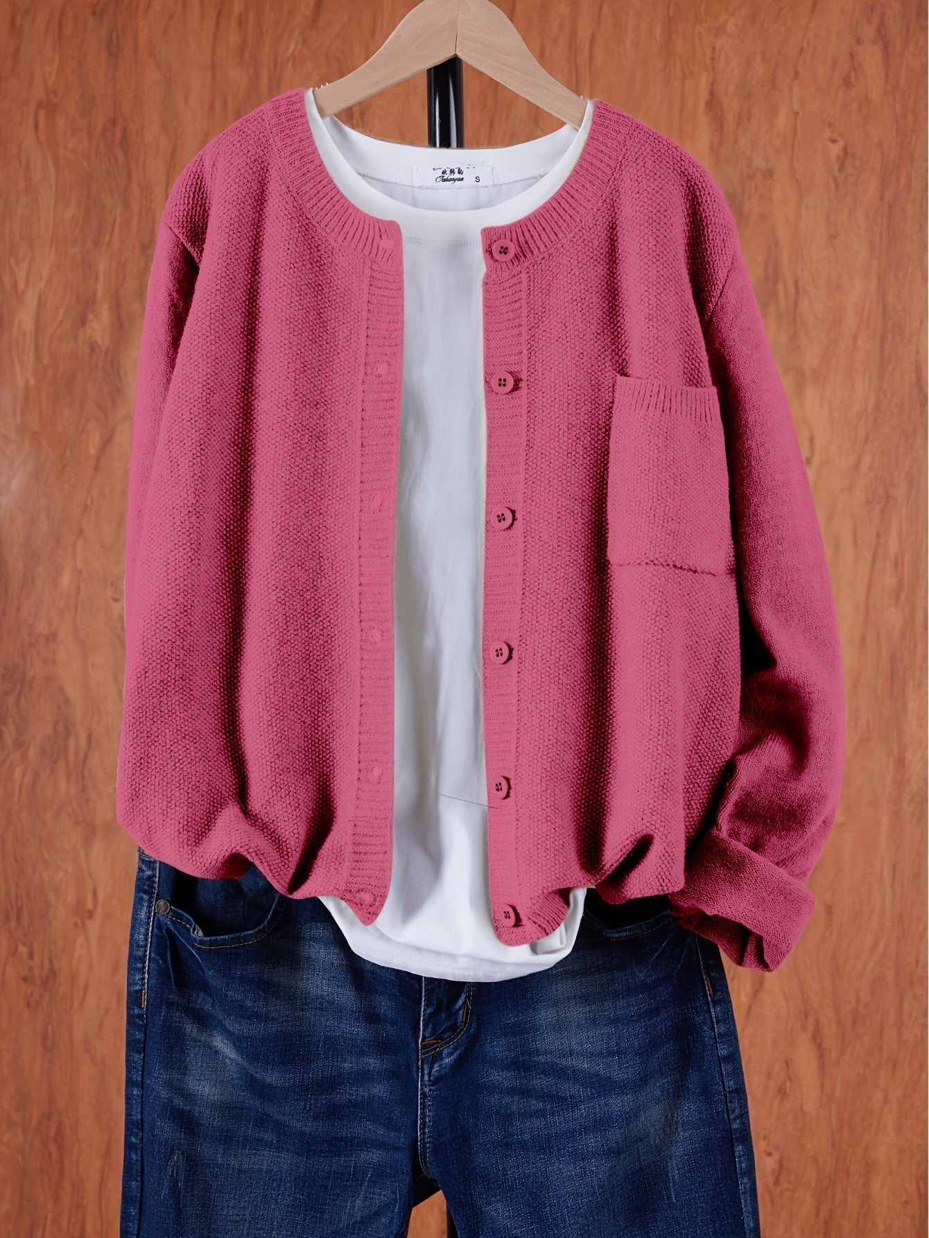 Women’s Knitted Button Cardigan with Crew Neck and Pocket