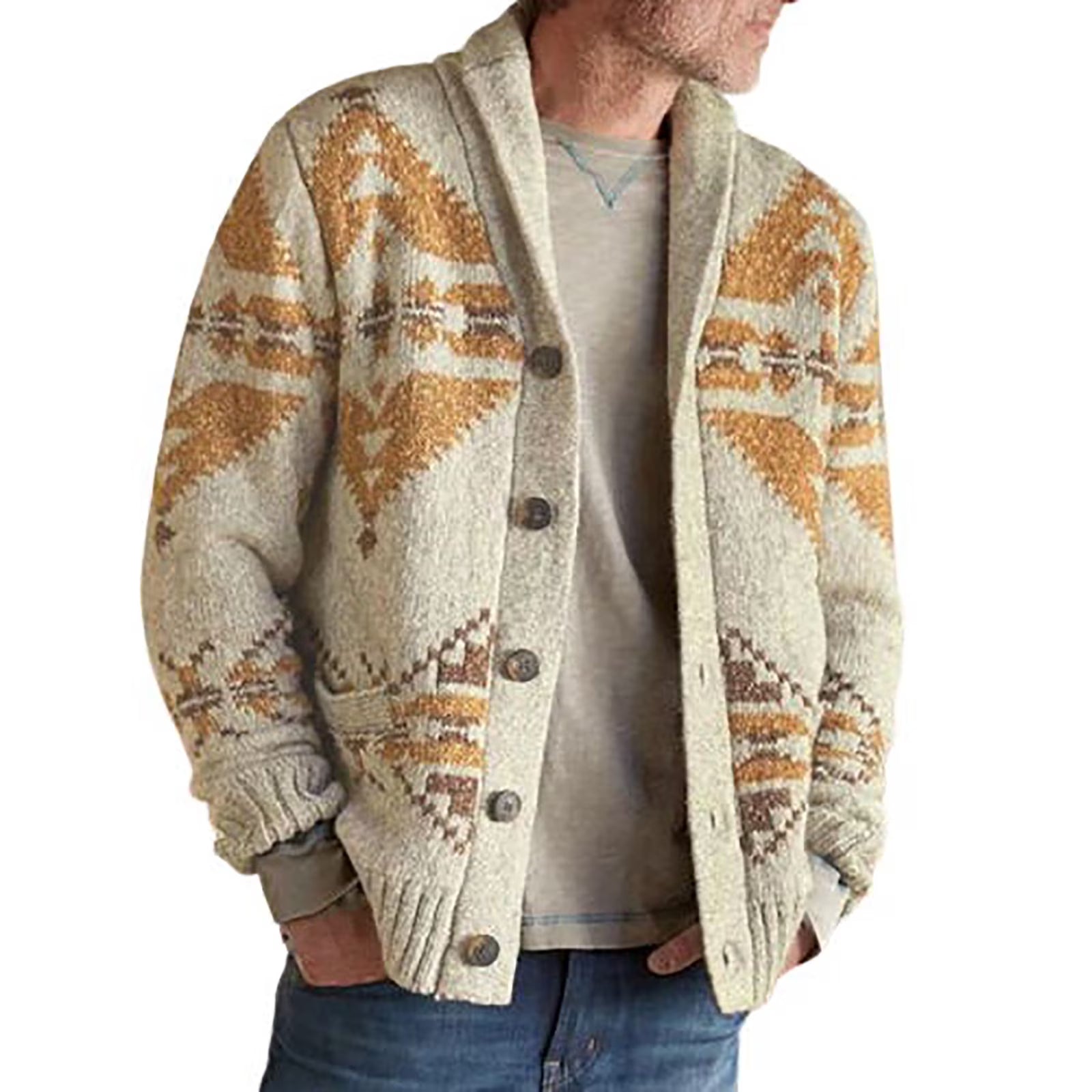 Men's Aztec Pattern Shawl Collar Knitted Cardigan