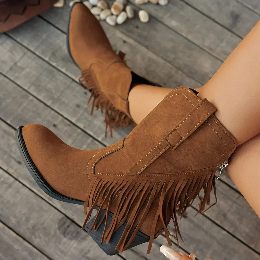 Women’s Western Fringe Mid-Calf Boots with Block Heel