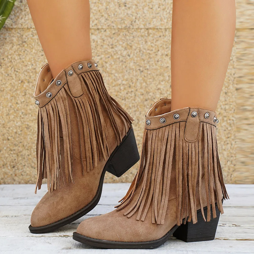 Women’s Western Fringe Mid-Calf Boots with Block Heel
