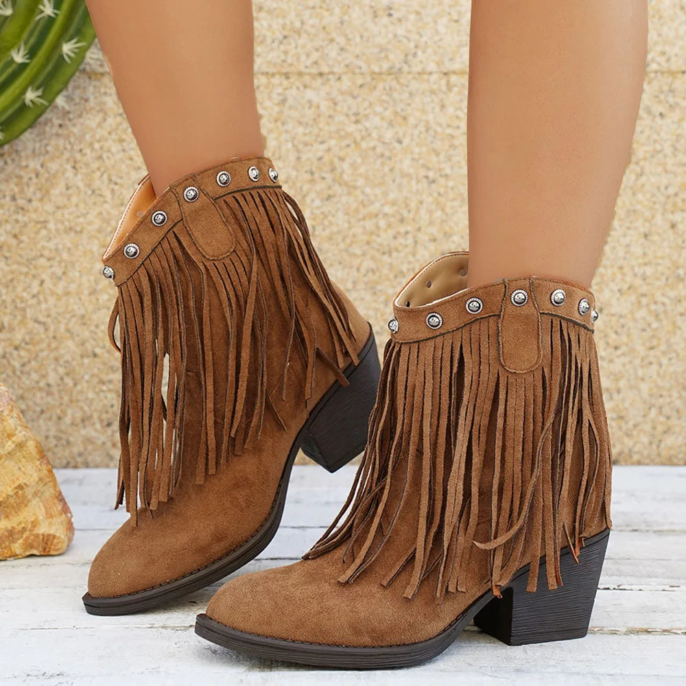 Women’s Western Fringe Mid-Calf Boots with Block Heel