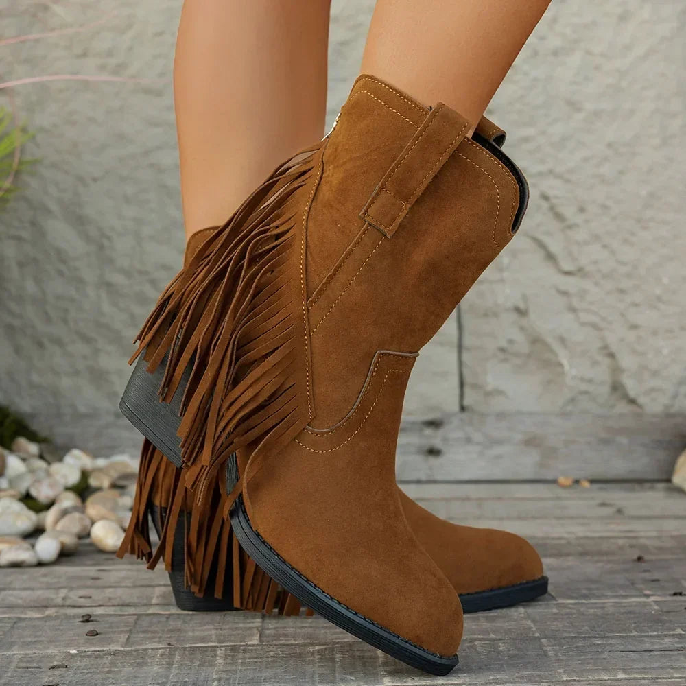 Women’s Western Fringe Mid-Calf Boots with Block Heel