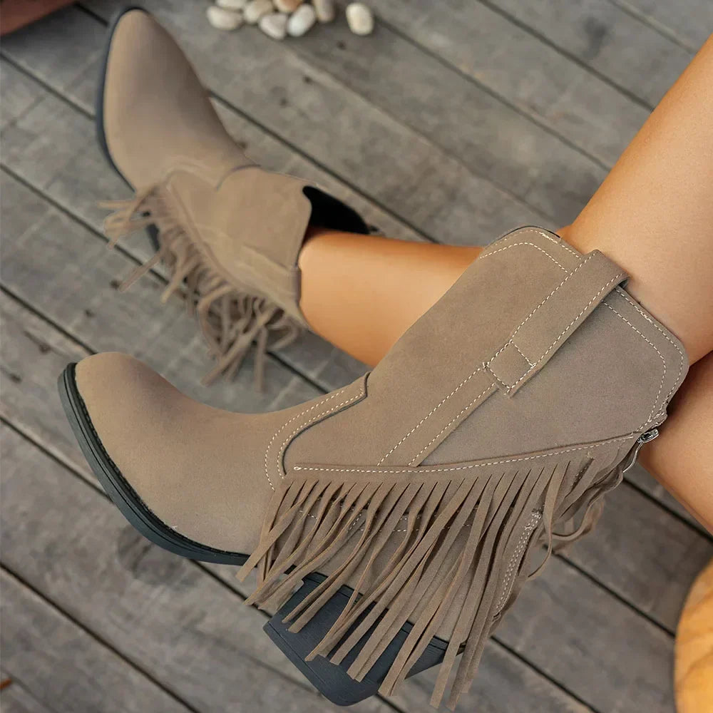 Women’s Western Fringe Mid-Calf Boots with Block Heel