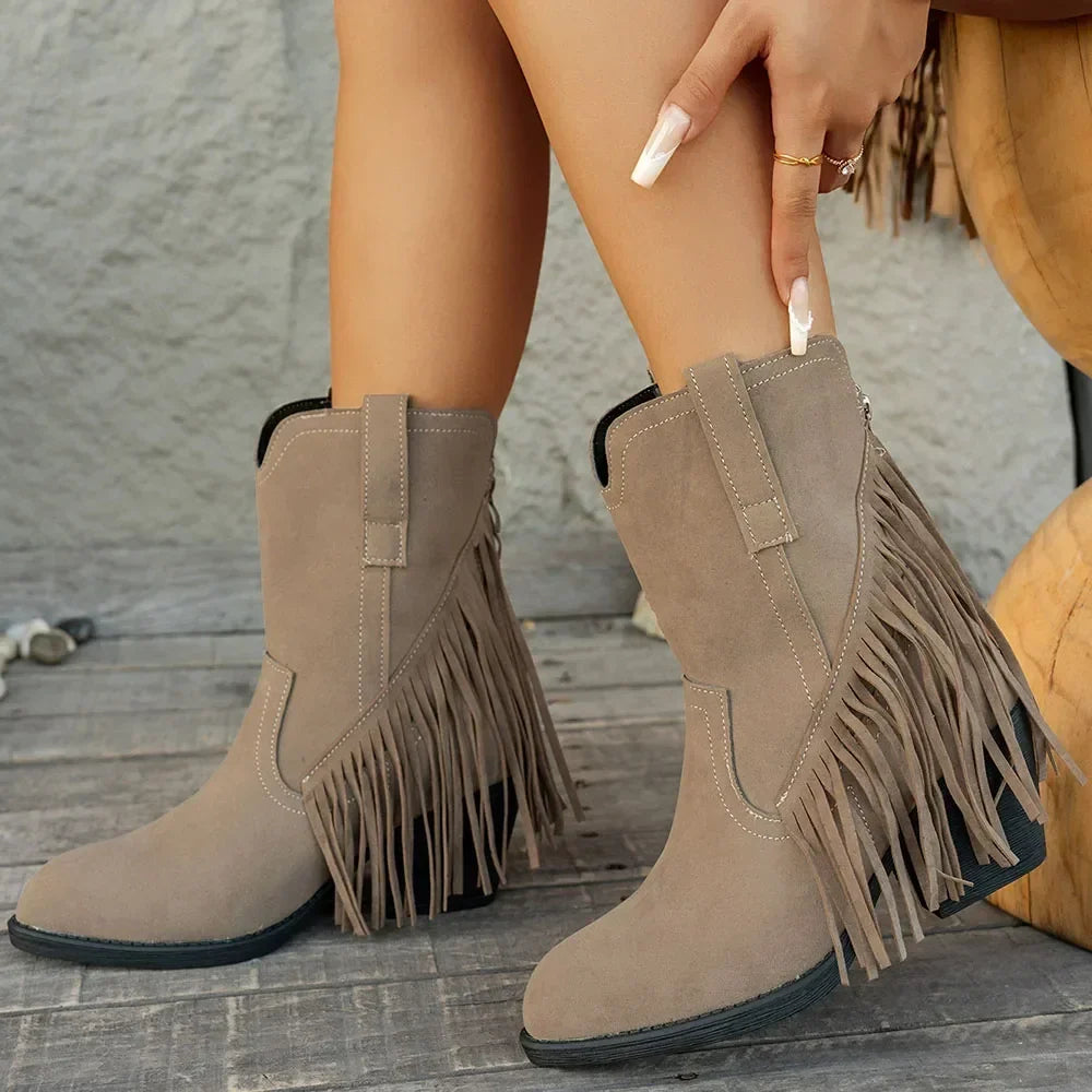 Women’s Western Fringe Mid-Calf Boots with Block Heel