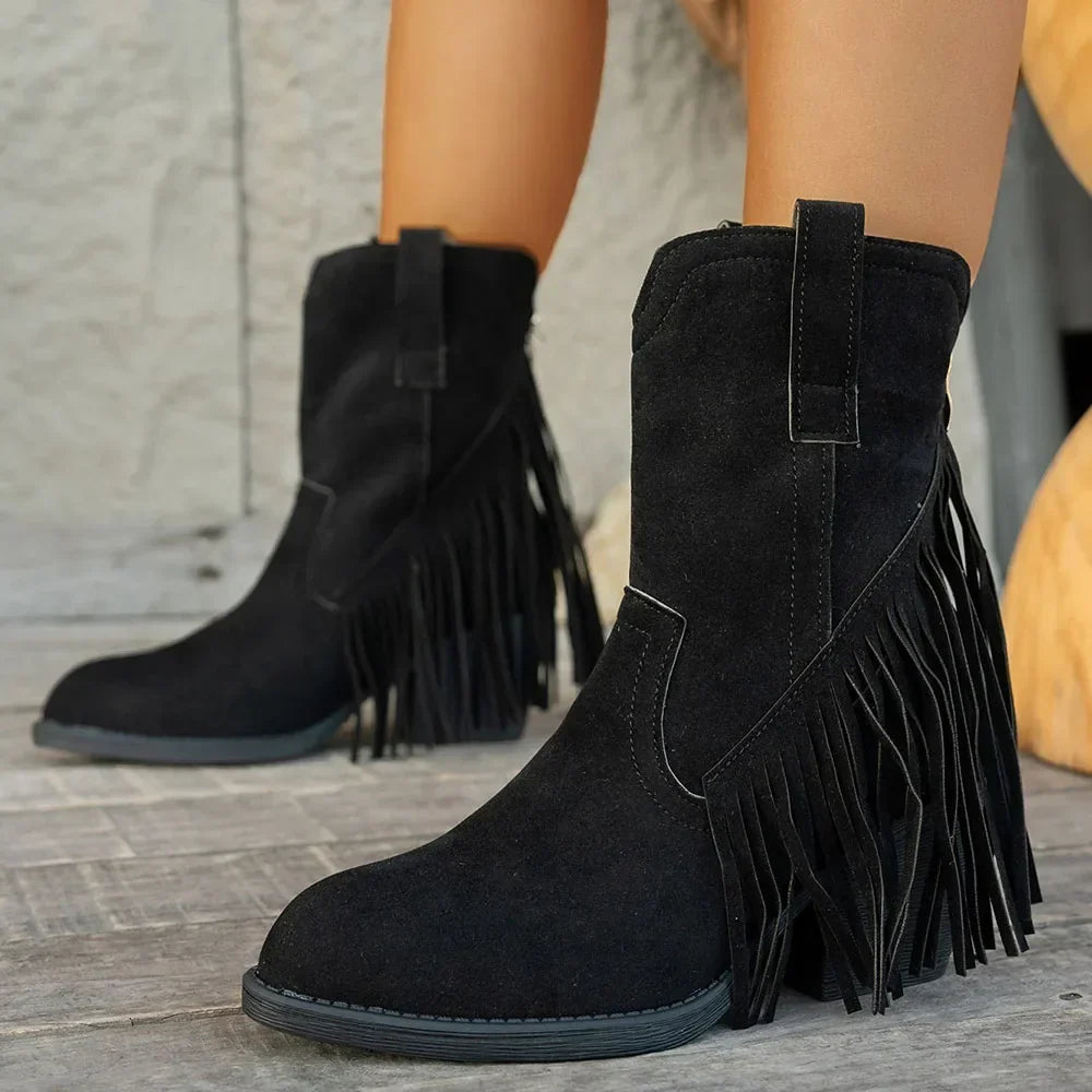 Women’s Western Fringe Mid-Calf Boots with Block Heel