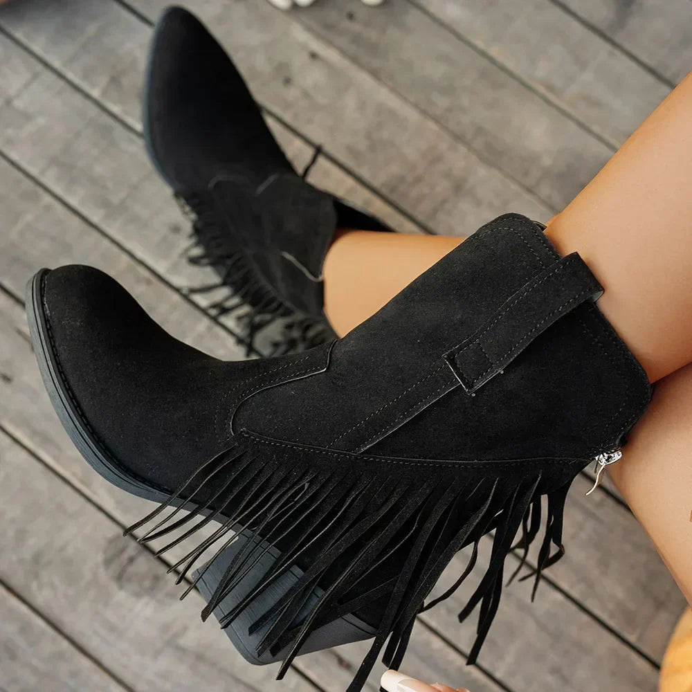 Women’s Western Fringe Mid-Calf Boots with Block Heel