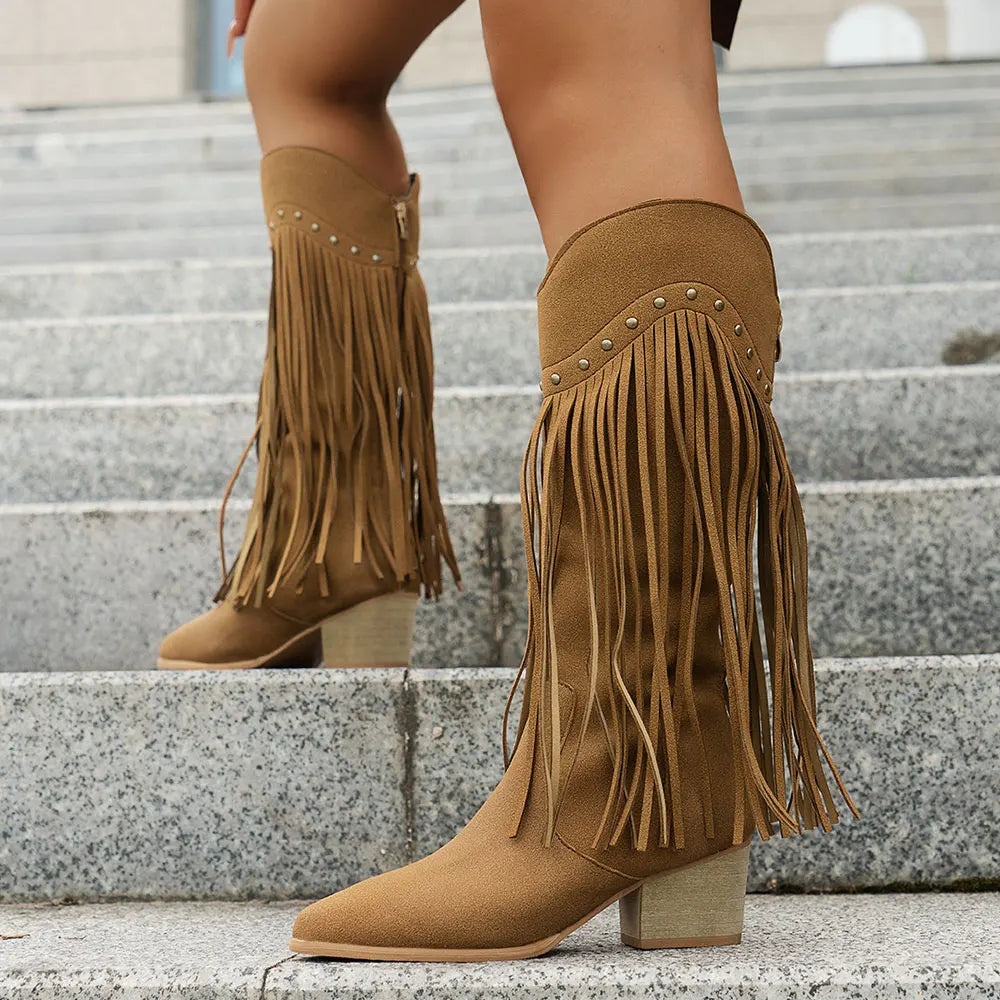 Women’s Western Fringe Mid-Calf Boots with Block Heel
