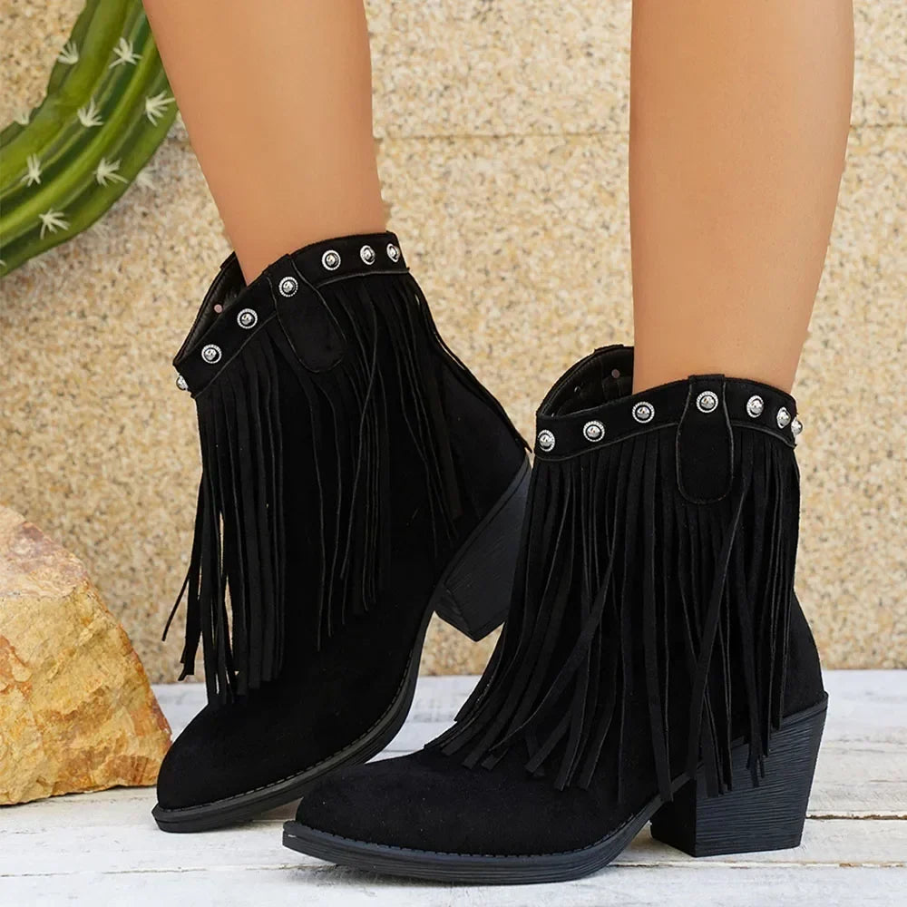 Women’s Western Fringe Mid-Calf Boots with Block Heel