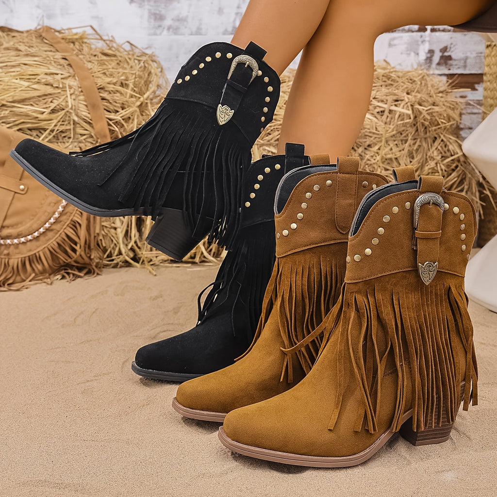 Women’s Western Fringe Ankle Boots with Block Heel