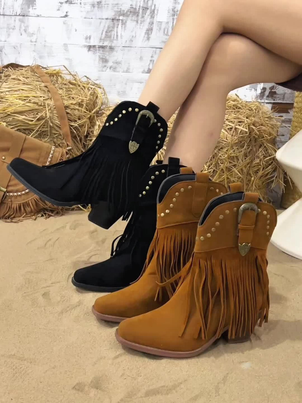 Women’s Western Fringe Ankle Boots with Block Heel